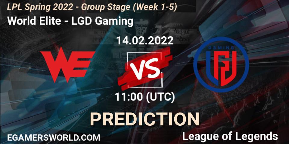 Prognose für das Spiel World Elite VS LGD Gaming. 14.02.2022 at 12:00. LoL - LPL Spring 2022 - Group Stage (Week 1-5)