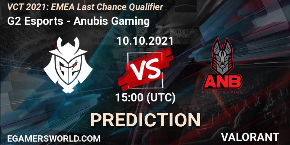 Prognose für das Spiel G2 Esports VS Anubis Gaming. 10.10.2021 at 15:00. VALORANT - VCT 2021: EMEA Last Chance Qualifier