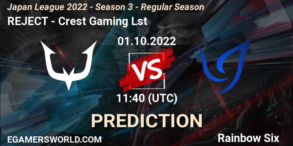 Prognose für das Spiel REJECT VS Crest Gaming Lst. 01.10.2022 at 11:40. Rainbow Six - Japan League 2022 - Season 3 - Regular Season