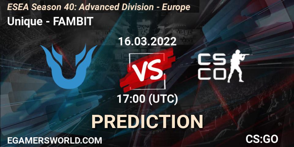 Prognose für das Spiel Unique VS FAMBIT. 16.03.22. CS2 (CS:GO) - ESEA Season 40: Advanced Division - Europe