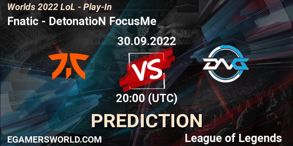 Prognose für das Spiel Fnatic VS DetonatioN FocusMe. 30.09.2022 at 20:00. LoL - Worlds 2022 LoL - Play-In