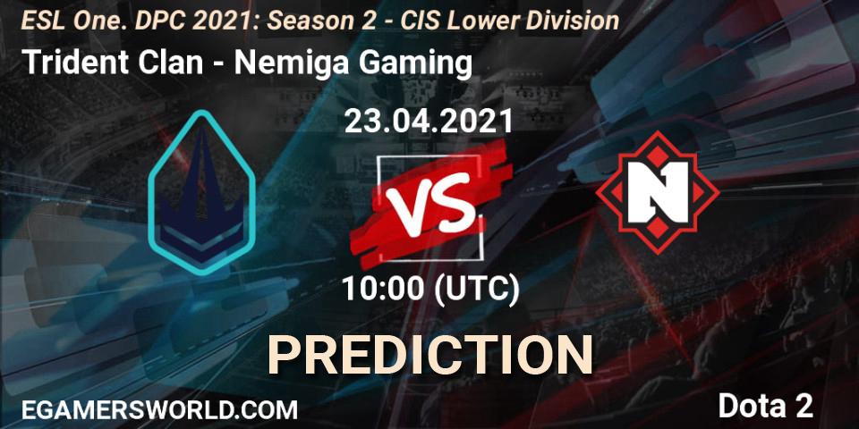 Prognose für das Spiel Trident Clan VS Nemiga Gaming. 23.04.2021 at 09:55. Dota 2 - ESL One. DPC 2021: Season 2 - CIS Lower Division