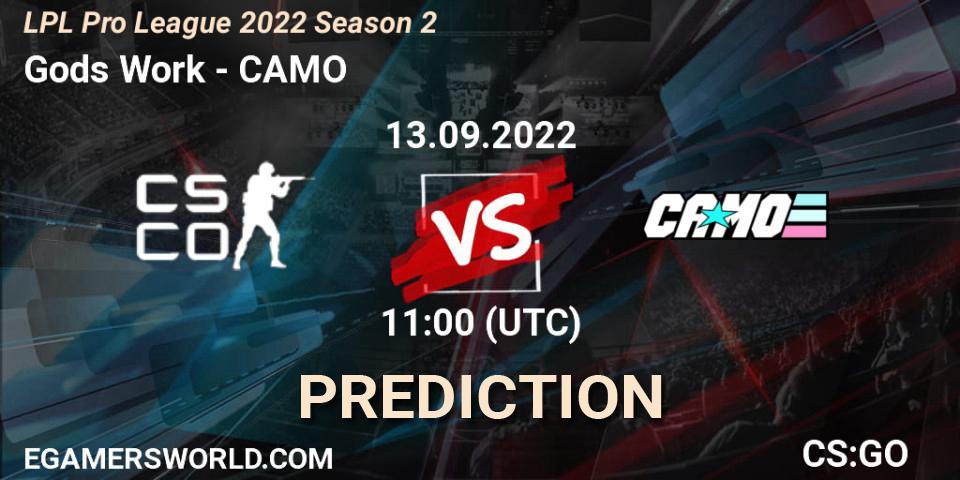 Prognose für das Spiel Gods Work VS CAMO. 20.09.2022 at 10:30. Counter-Strike (CS2) - LPL Pro League 2022 Season 2