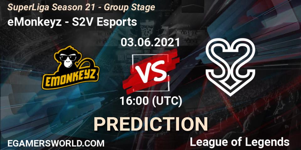 Prognose für das Spiel eMonkeyz VS S2V Esports. 03.06.2021 at 16:00. LoL - SuperLiga Season 21 - Group Stage 