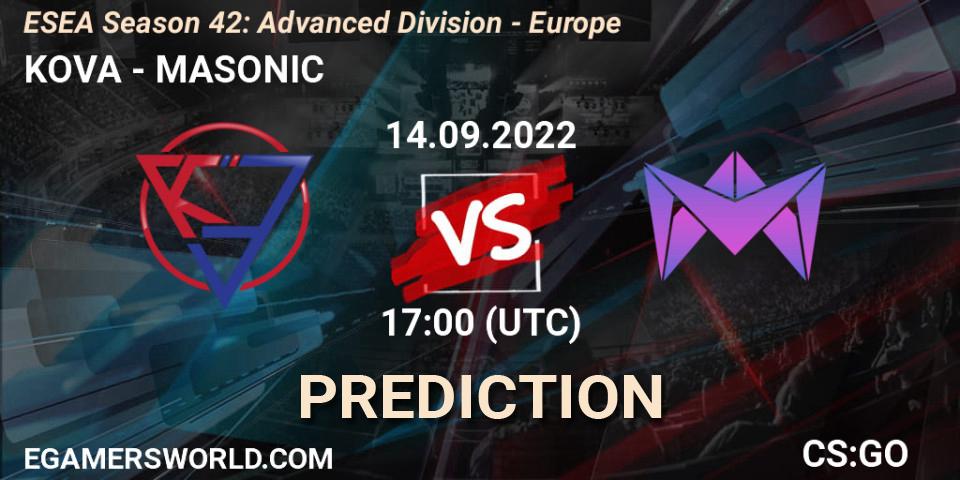 Prognose für das Spiel KOVA VS MASONIC. 14.09.22. CS2 (CS:GO) - ESEA Season 42: Advanced Division - Europe