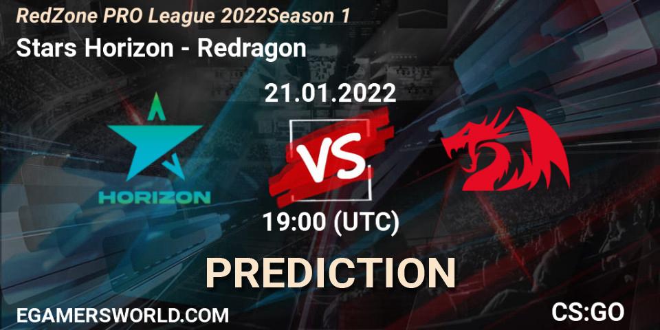Prognose für das Spiel Stars Horizon VS Redragon. 21.01.2022 at 22:30. Counter-Strike (CS2) - RedZone PRO League 2022 Season 1