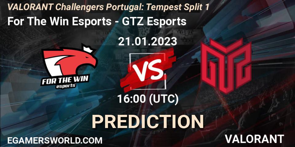 Prognose für das Spiel For The Win Esports VS GTZ Esports. 21.01.2023 at 16:10. VALORANT - VALORANT Challengers 2023 Portugal: Tempest Split 1