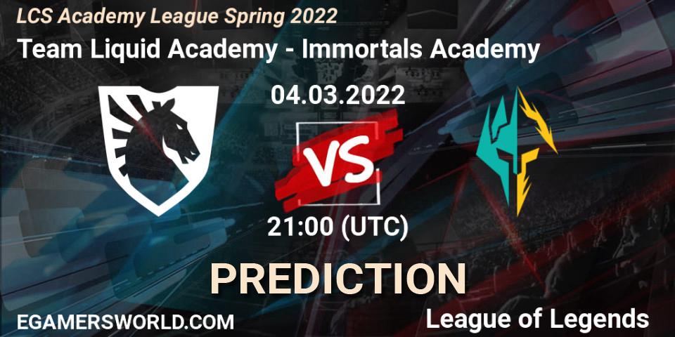 Prognose für das Spiel Team Liquid Academy VS Immortals Academy. 04.03.2022 at 21:00. LoL - LCS Academy League Spring 2022