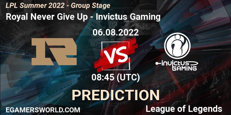 Prognose für das Spiel Royal Never Give Up VS Invictus Gaming. 06.08.22. LoL - LPL Summer 2022 - Group Stage