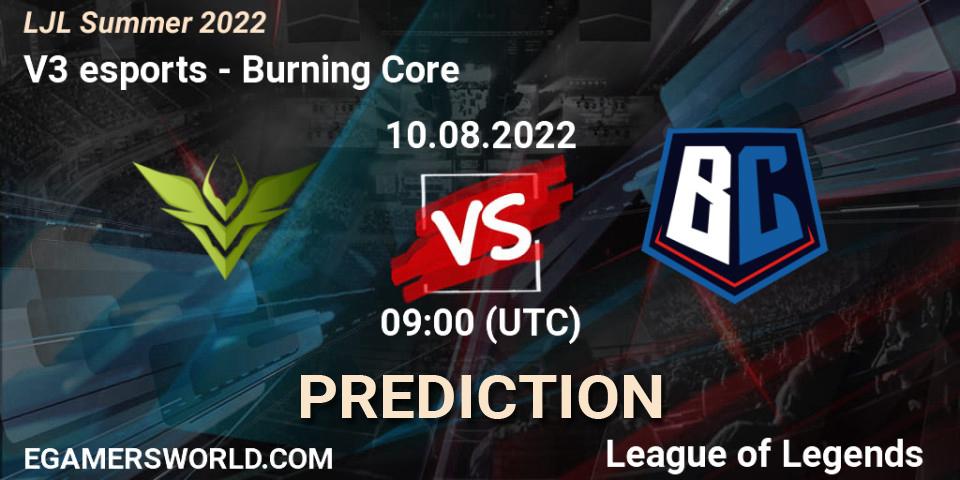 Prognose für das Spiel V3 esports VS Burning Core. 10.08.22. LoL - LJL Summer 2022