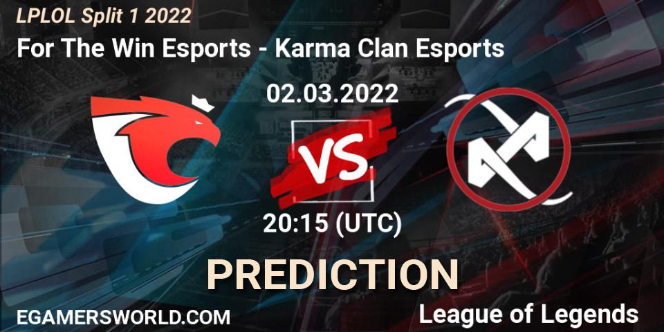 Prognose für das Spiel For The Win Esports VS Karma Clan Esports. 02.03.2022 at 20:15. LoL - LPLOL Split 1 2022