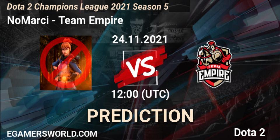 Prognose für das Spiel NoMarci VS Team Empire. 24.11.2021 at 09:01. Dota 2 - Dota 2 Champions League 2021 Season 5