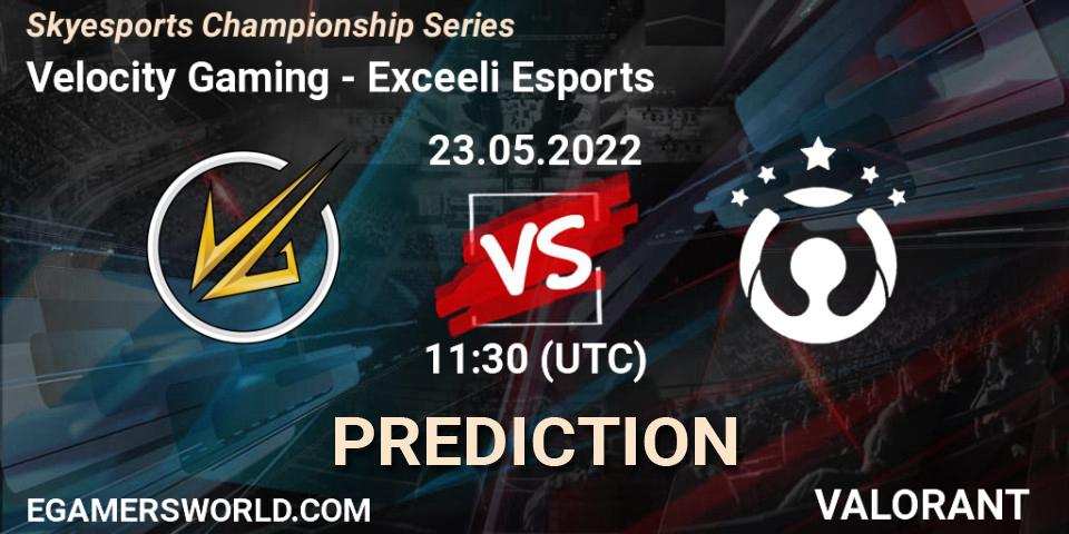 Prognose für das Spiel Velocity Gaming VS Exceeli Esports. 23.05.2022 at 11:30. VALORANT - Skyesports Championship Series