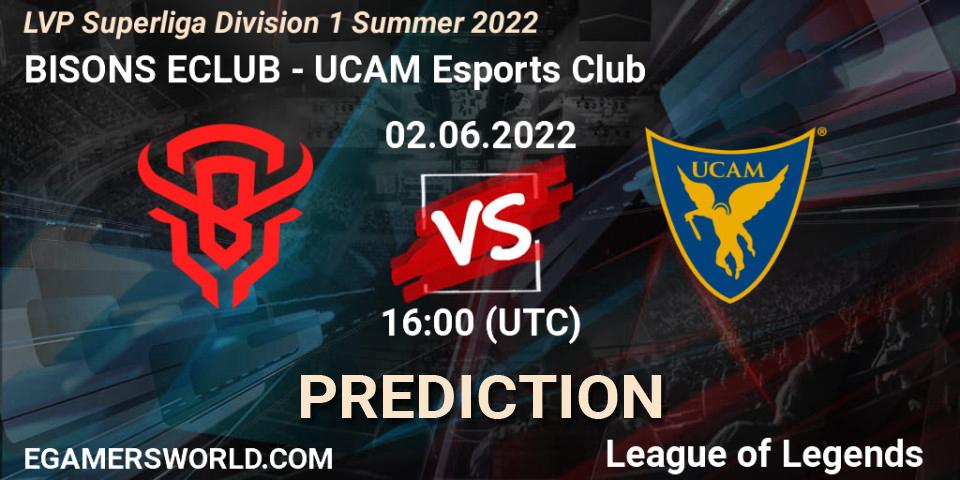 Prognose für das Spiel BISONS ECLUB VS UCAM Esports Club. 02.06.2022 at 16:00. LoL - LVP Superliga Division 1 Summer 2022