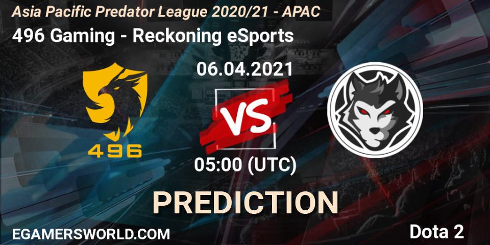 Prognose für das Spiel 496 Gaming VS Reckoning eSports. 06.04.2021 at 07:41. Dota 2 - Asia Pacific Predator League 2020/21 - APAC