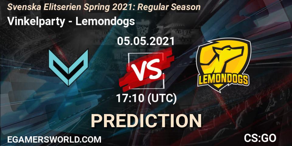 Prognose für das Spiel Vinkelparty VS Lemondogs. 05.05.2021 at 17:10. Counter-Strike (CS2) - Svenska Elitserien Spring 2021: Regular Season