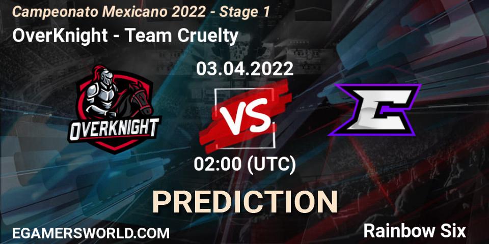 Prognose für das Spiel OverKnight VS Team Cruelty. 03.04.2022 at 02:00. Rainbow Six - Campeonato Mexicano 2022 - Stage 1