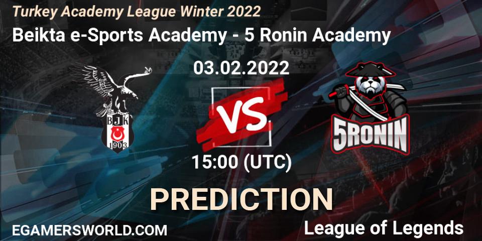 Prognose für das Spiel Beşiktaş e-Sports Academy VS 5 Ronin Academy. 03.02.2022 at 15:00. LoL - Turkey Academy League Winter 2022