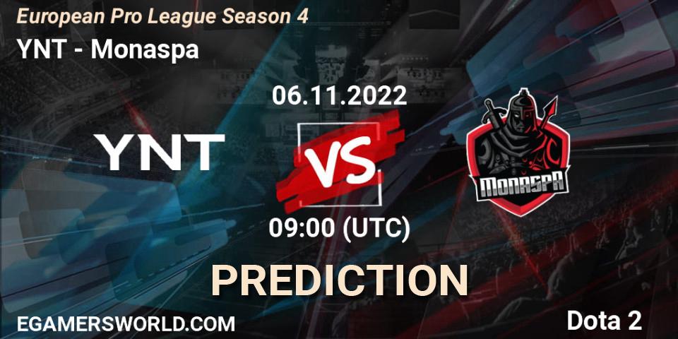 Prognose für das Spiel YNT VS Monaspa. 08.11.2022 at 10:03. Dota 2 - European Pro League Season 4