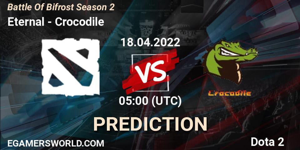 Prognose für das Spiel Eternal VS Crocodile. 18.04.2022 at 05:00. Dota 2 - Battle Of Bifrost Season 2