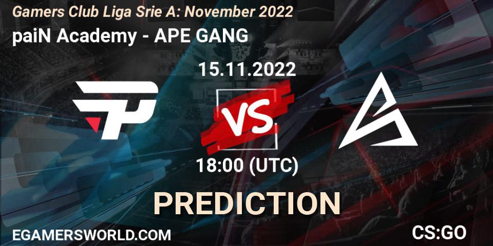 Prognose für das Spiel paiN Academy VS APE GANG. 15.11.2022 at 18:00. Counter-Strike (CS2) - Gamers Club Liga Série A: November 2022