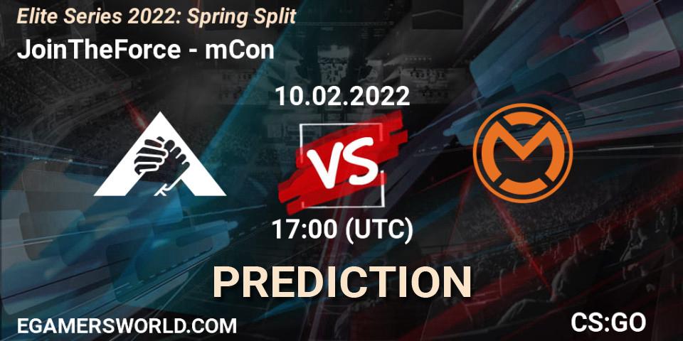 Prognose für das Spiel JoinTheForce VS mCon. 10.02.2022 at 17:00. Counter-Strike (CS2) - Elite Series 2022: Spring Split