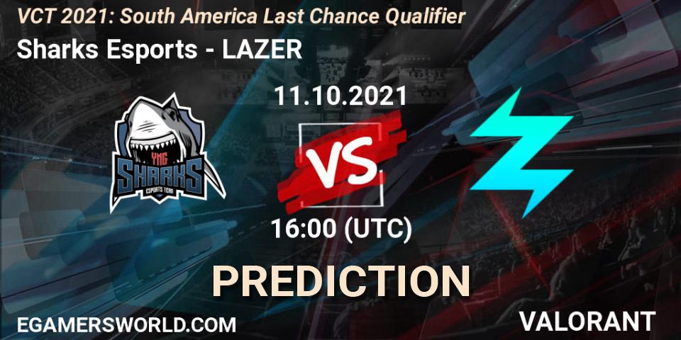 Prognose für das Spiel Sharks Esports VS LAZER. 11.10.2021 at 16:00. VALORANT - VCT 2021: South America Last Chance Qualifier