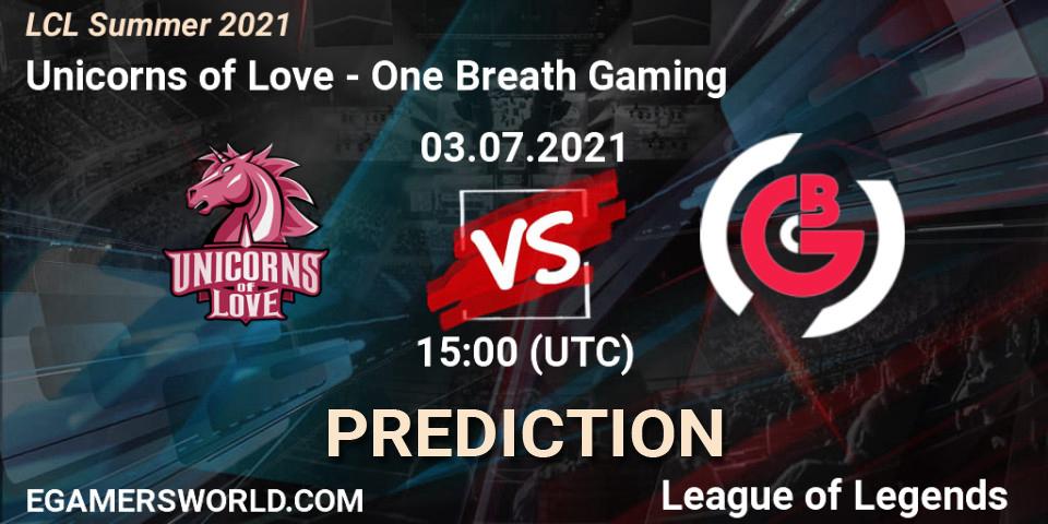 Prognose für das Spiel Unicorns of Love VS One Breath Gaming. 03.07.2021 at 15:00. LoL - LCL Summer 2021