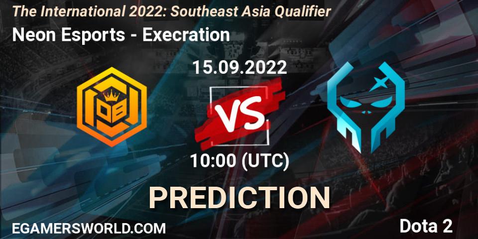 Prognose für das Spiel Neon Esports VS Execration. 15.09.2022 at 09:32. Dota 2 - The International 2022: Southeast Asia Qualifier