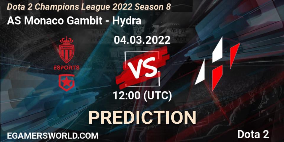 Prognose für das Spiel AS Monaco Gambit VS Hydra. 23.03.2022 at 12:00. Dota 2 - Dota 2 Champions League 2022 Season 8