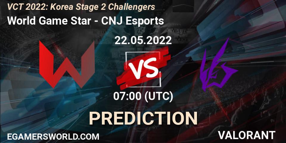 Prognose für das Spiel World Game Star VS CNJ Esports. 22.05.2022 at 07:00. VALORANT - VCT 2022: Korea Stage 2 Challengers