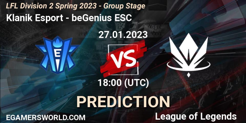 Prognose für das Spiel Klanik Esport VS beGenius ESC. 27.01.2023 at 18:00. LoL - LFL Division 2 Spring 2023 - Group Stage