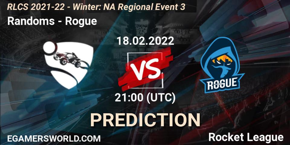 Prognose für das Spiel Randoms VS Rogue. 18.02.2022 at 21:30. Rocket League - RLCS 2021-22 - Winter: NA Regional Event 3