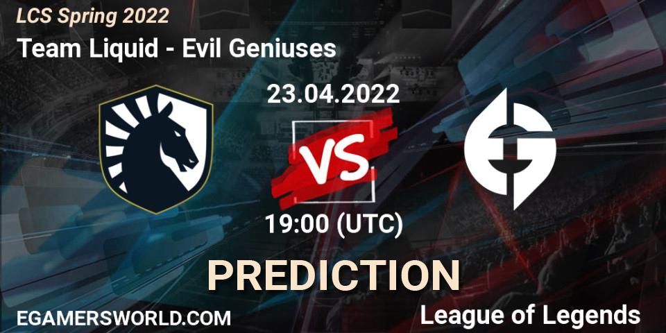 Prognose für das Spiel Team Liquid VS Evil Geniuses. 23.04.2022 at 19:00. LoL - LCS Spring 2022