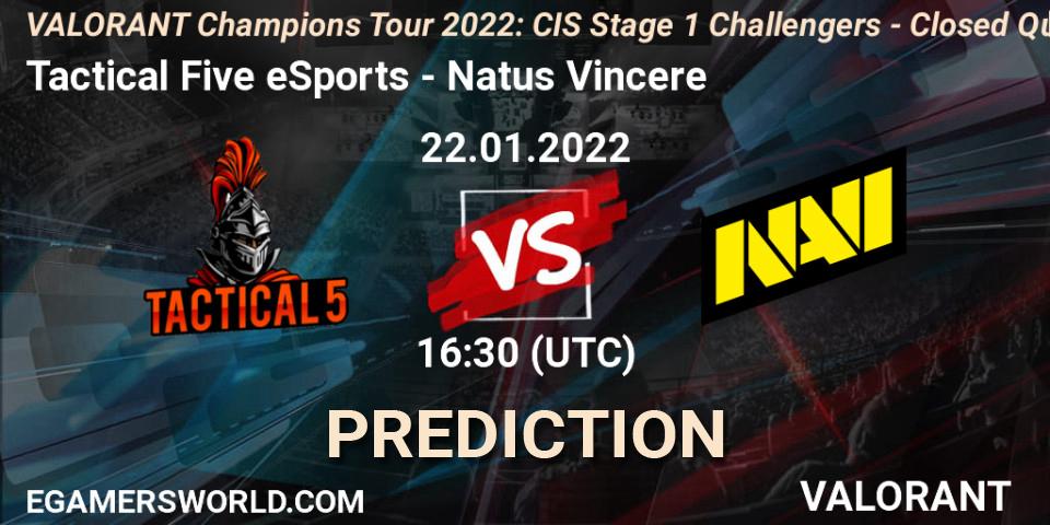Prognose für das Spiel Tactical Five eSports VS Natus Vincere. 22.01.2022 at 16:30. VALORANT - VCT 2022: CIS Stage 1 Challengers - Closed Qualifier 2