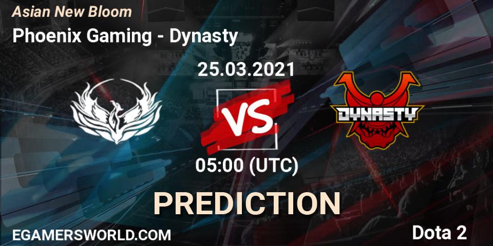 Prognose für das Spiel Phoenix Gaming VS Dynasty. 25.03.2021 at 05:36. Dota 2 - Asian New Bloom