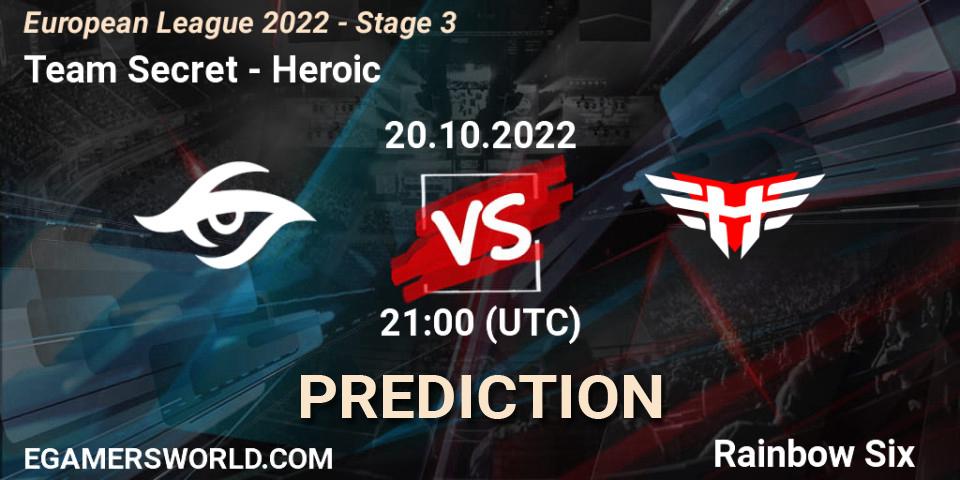 Prognose für das Spiel Team Secret VS Heroic. 20.10.2022 at 21:00. Rainbow Six - European League 2022 - Stage 3