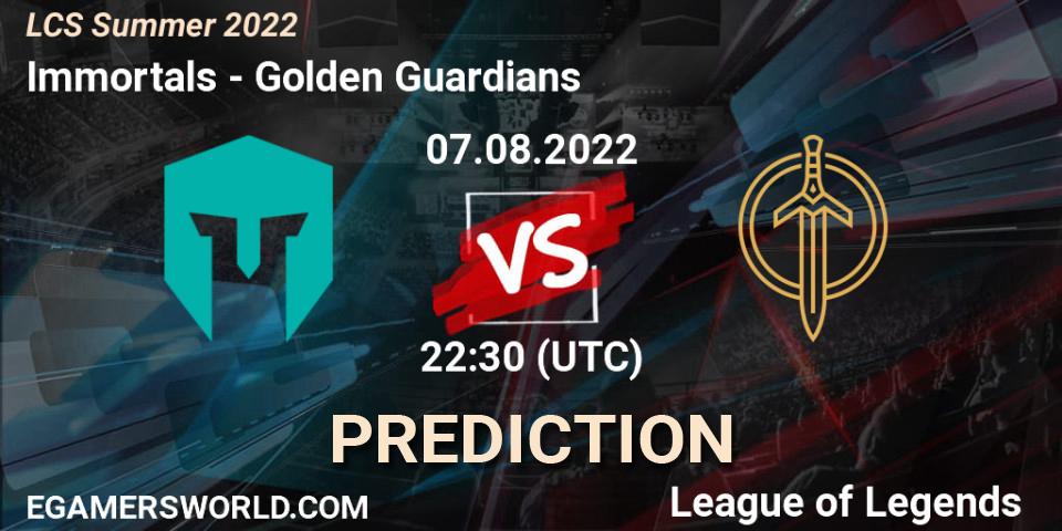 Prognose für das Spiel Immortals VS Golden Guardians. 07.08.2022 at 22:45. LoL - LCS Summer 2022