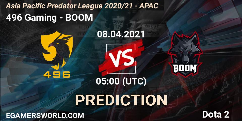 Prognose für das Spiel 496 Gaming VS BOOM. 08.04.21. Dota 2 - Asia Pacific Predator League 2020/21 - APAC