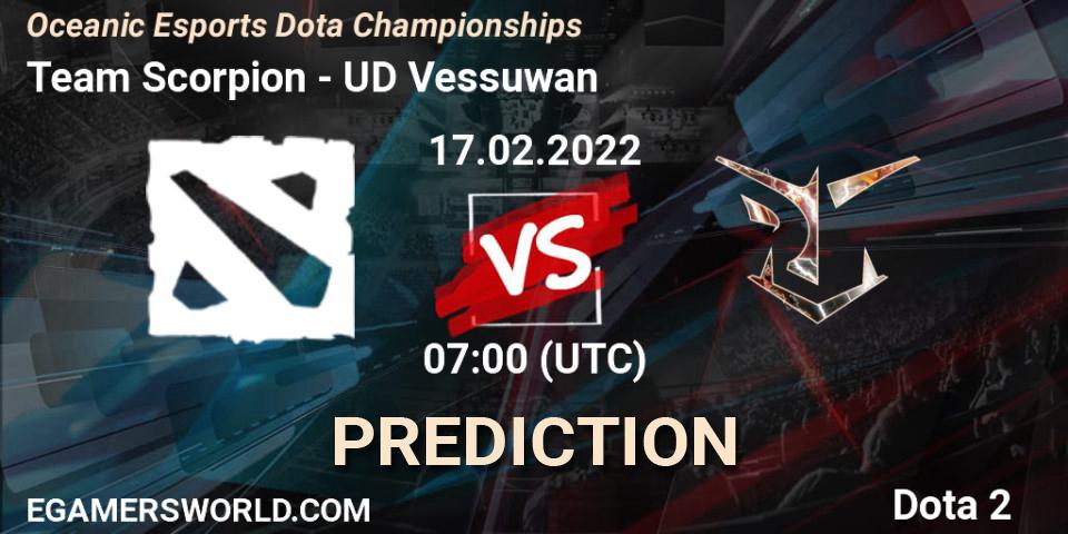 Prognose für das Spiel Team Scorpion VS UD Vessuwan. 17.02.2022 at 07:16. Dota 2 - Oceanic Esports Dota Championships