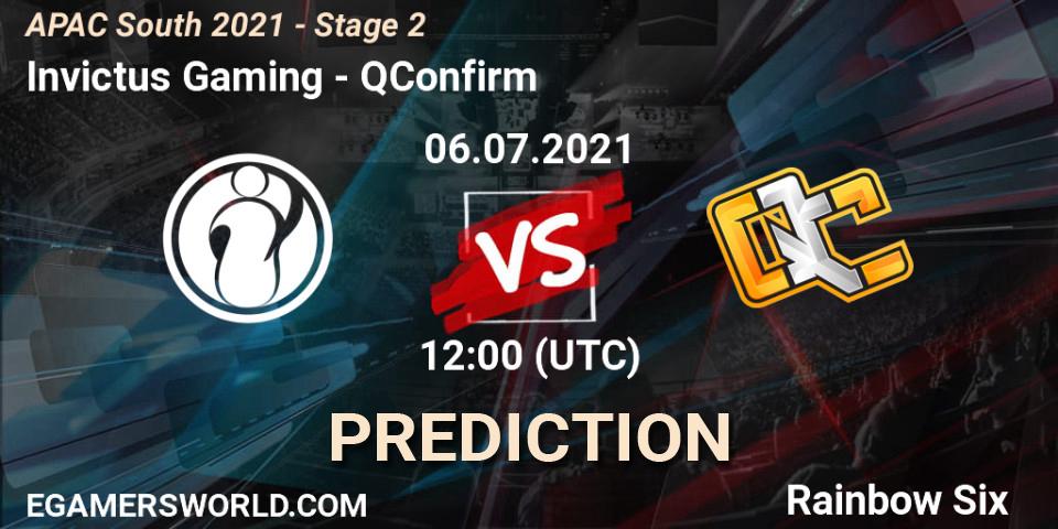 Prognose für das Spiel Invictus Gaming VS QConfirm. 06.07.2021 at 12:00. Rainbow Six - APAC South 2021 - Stage 2