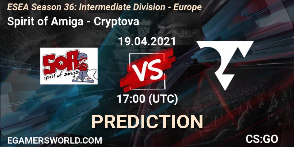 Prognose für das Spiel Spirit of Amiga VS Cryptova. 19.04.2021 at 17:00. Counter-Strike (CS2) - ESEA Season 36: Intermediate Division - Europe