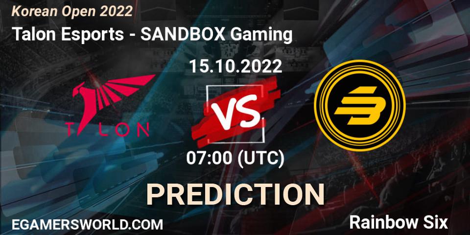 Prognose für das Spiel Talon Esports VS SANDBOX Gaming. 15.10.2022 at 07:00. Rainbow Six - Korean Open 2022