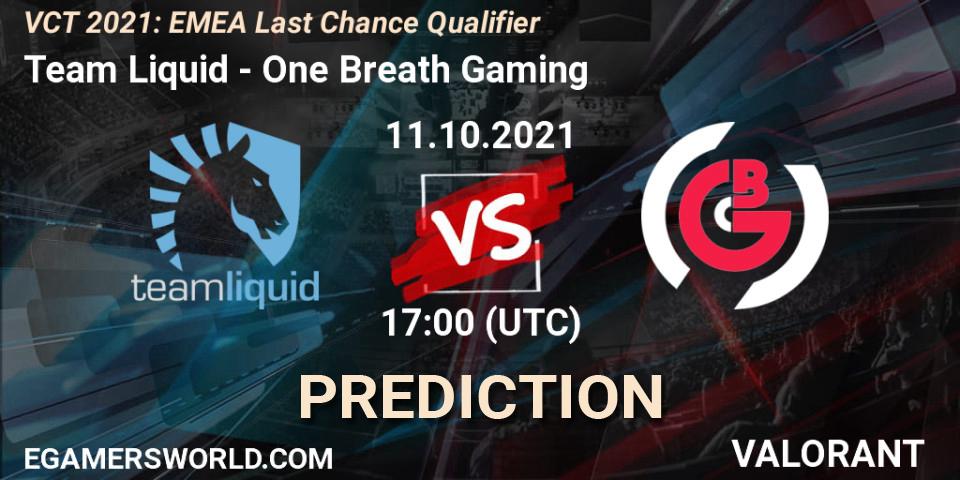 Prognose für das Spiel Team Liquid VS One Breath Gaming. 11.10.2021 at 18:45. VALORANT - VCT 2021: EMEA Last Chance Qualifier