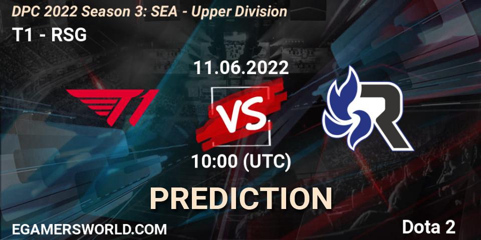 Prognose für das Spiel T1 VS RSG. 11.06.2022 at 10:37. Dota 2 - DPC SEA 2021/2022 Tour 3: Division I
