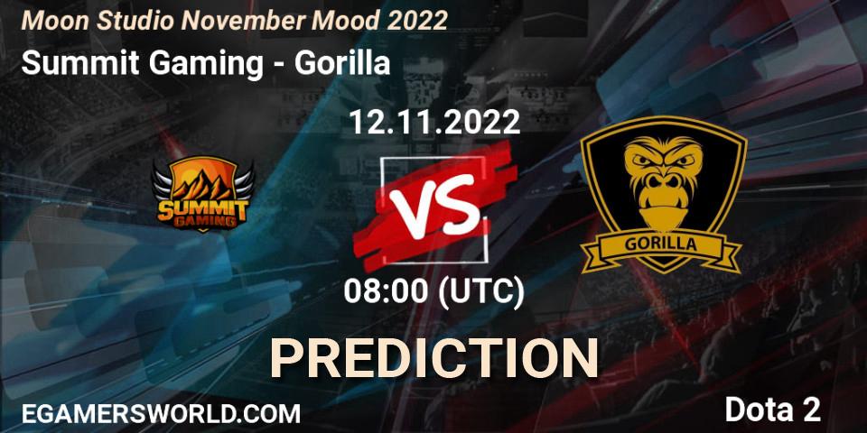 Prognose für das Spiel Summit Gaming VS Gorilla. 12.11.2022 at 08:12. Dota 2 - Moon Studio November Mood 2022