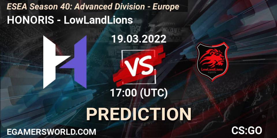 Prognose für das Spiel HONORIS VS LowLandLions. 19.03.2022 at 17:00. Counter-Strike (CS2) - ESEA Season 40: Advanced Division - Europe