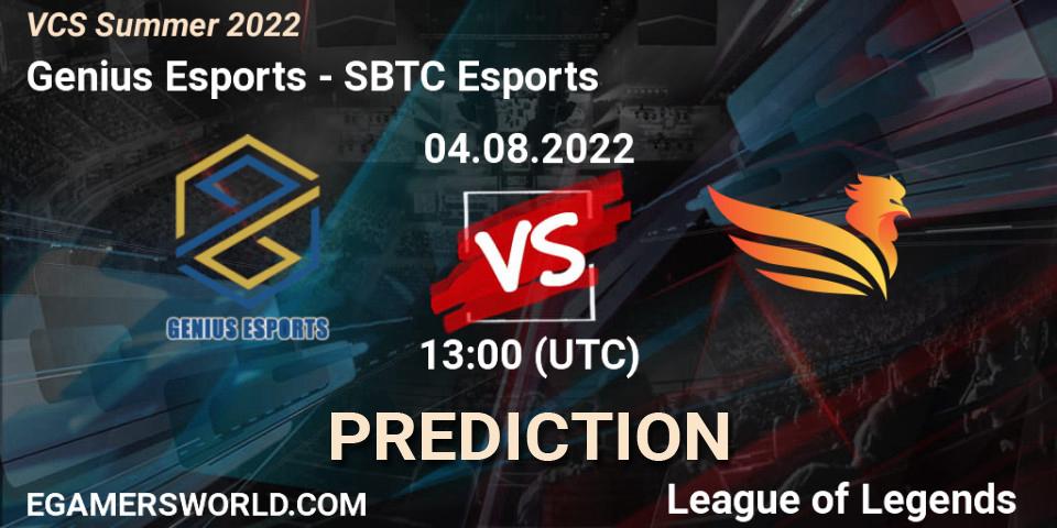 Prognose für das Spiel Genius Esports VS SBTC Esports. 04.08.2022 at 12:00. LoL - VCS Summer 2022