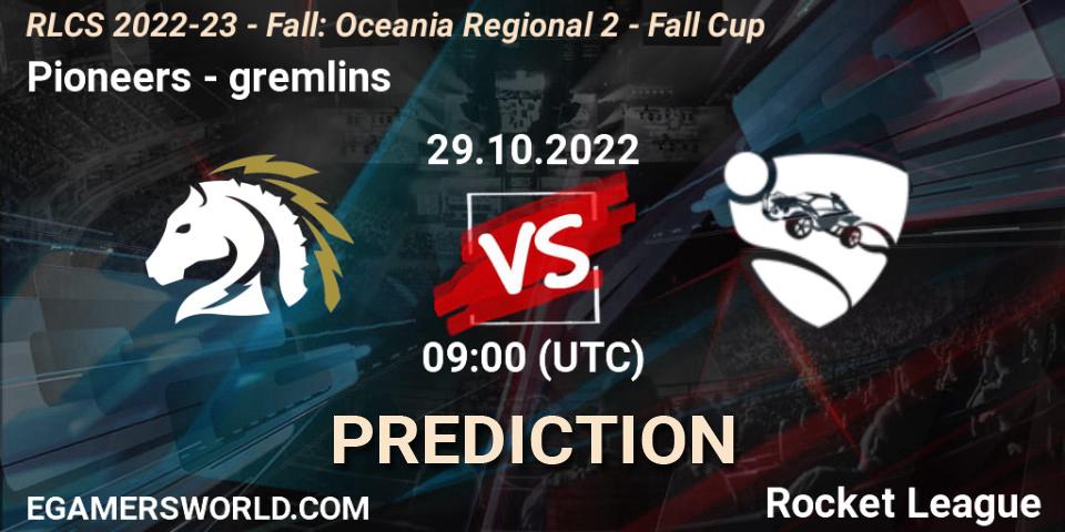 Prognose für das Spiel Pioneers VS gremlins. 29.10.2022 at 09:20. Rocket League - RLCS 2022-23 - Fall: Oceania Regional 2 - Fall Cup