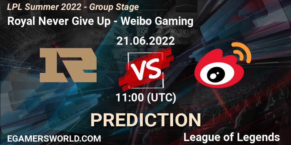 Prognose für das Spiel Royal Never Give Up VS Weibo Gaming. 21.06.2022 at 11:00. LoL - LPL Summer 2022 - Group Stage
